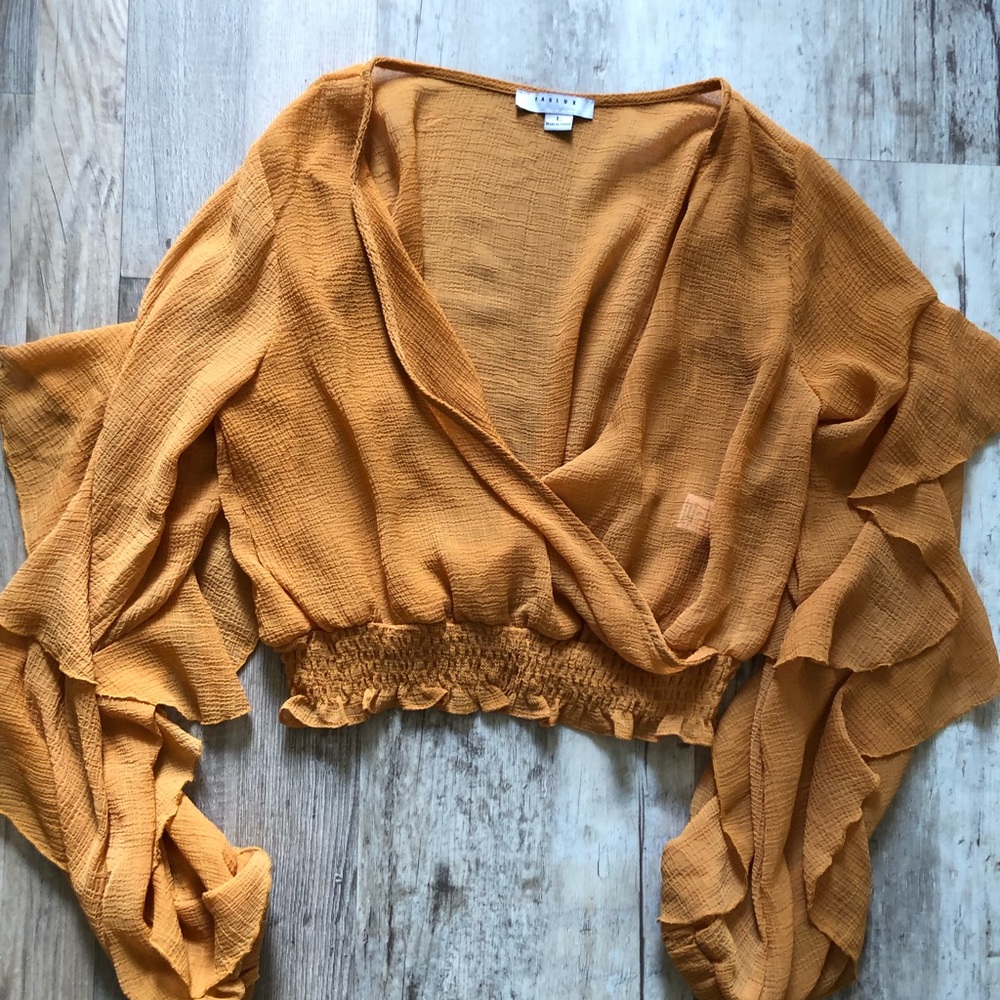 Mustard Ruffle Sleeve Long Crop Top